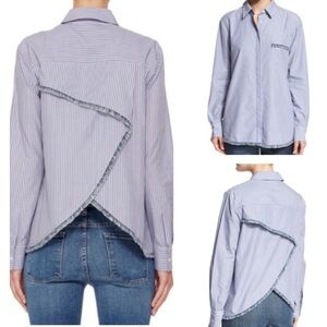 Thakoon Addition Blue Striped Button Down Long Sleeve Frayed Denim Hem Size 4